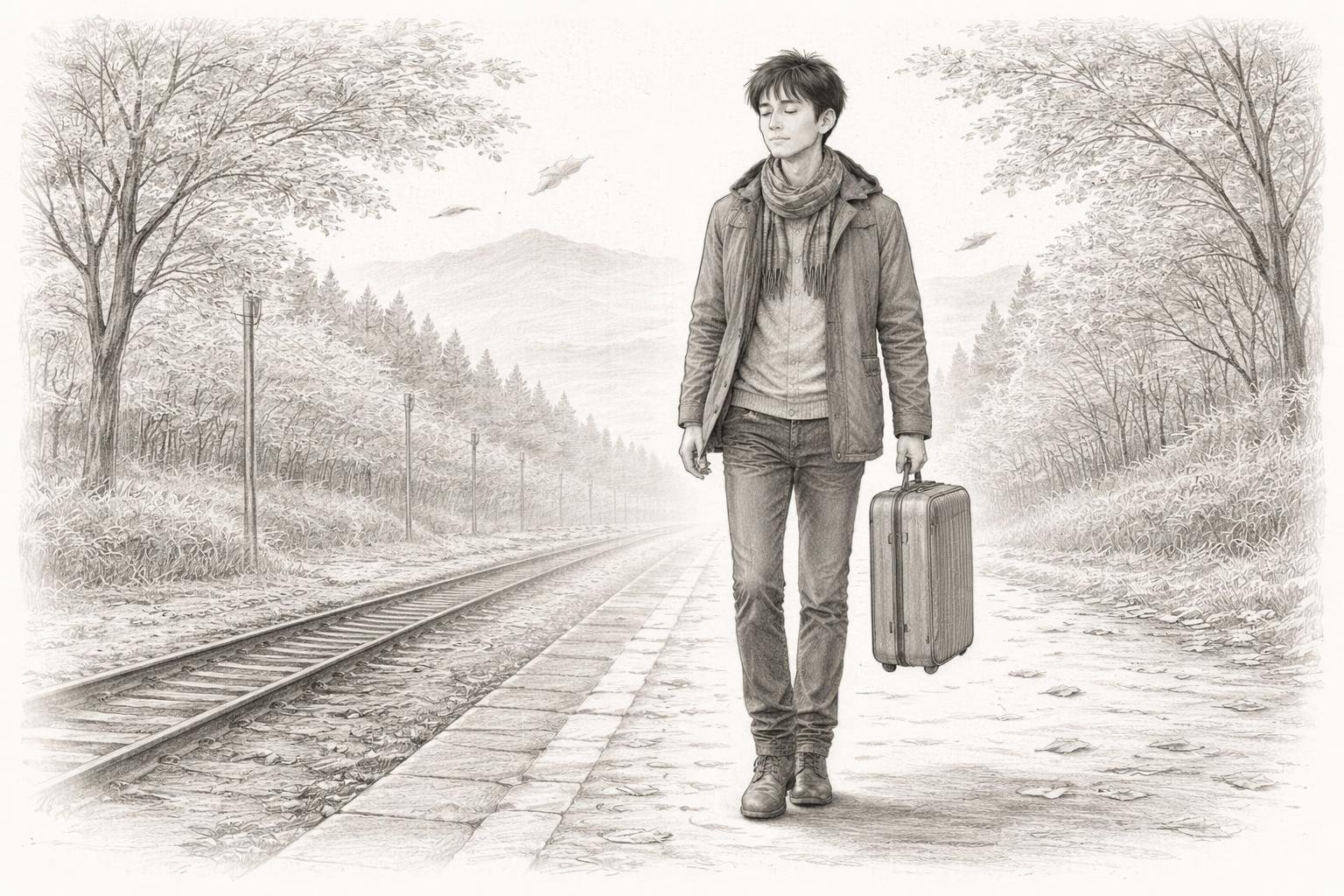 Daiki, the main character, at a railway platform with a suitcase